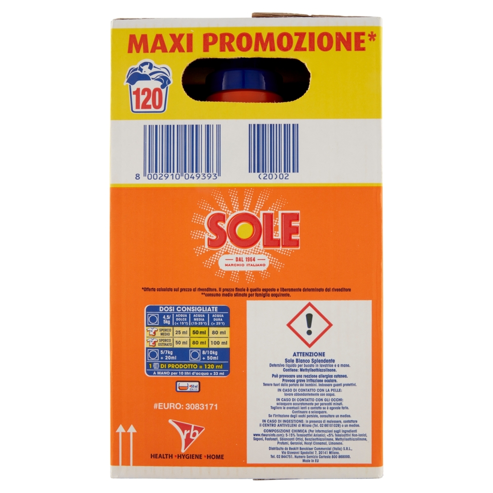 Sole Detersivo lavatrice Bianco Splendente 120 lavaggi 3 x 2 L